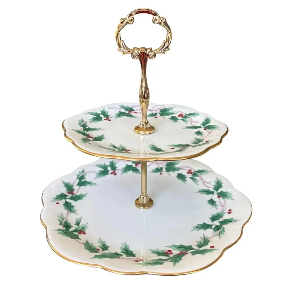 Mikasa Ribbon Holly 2 Tier Serving Tray Bone China Gold Handle Christmas Dessert
